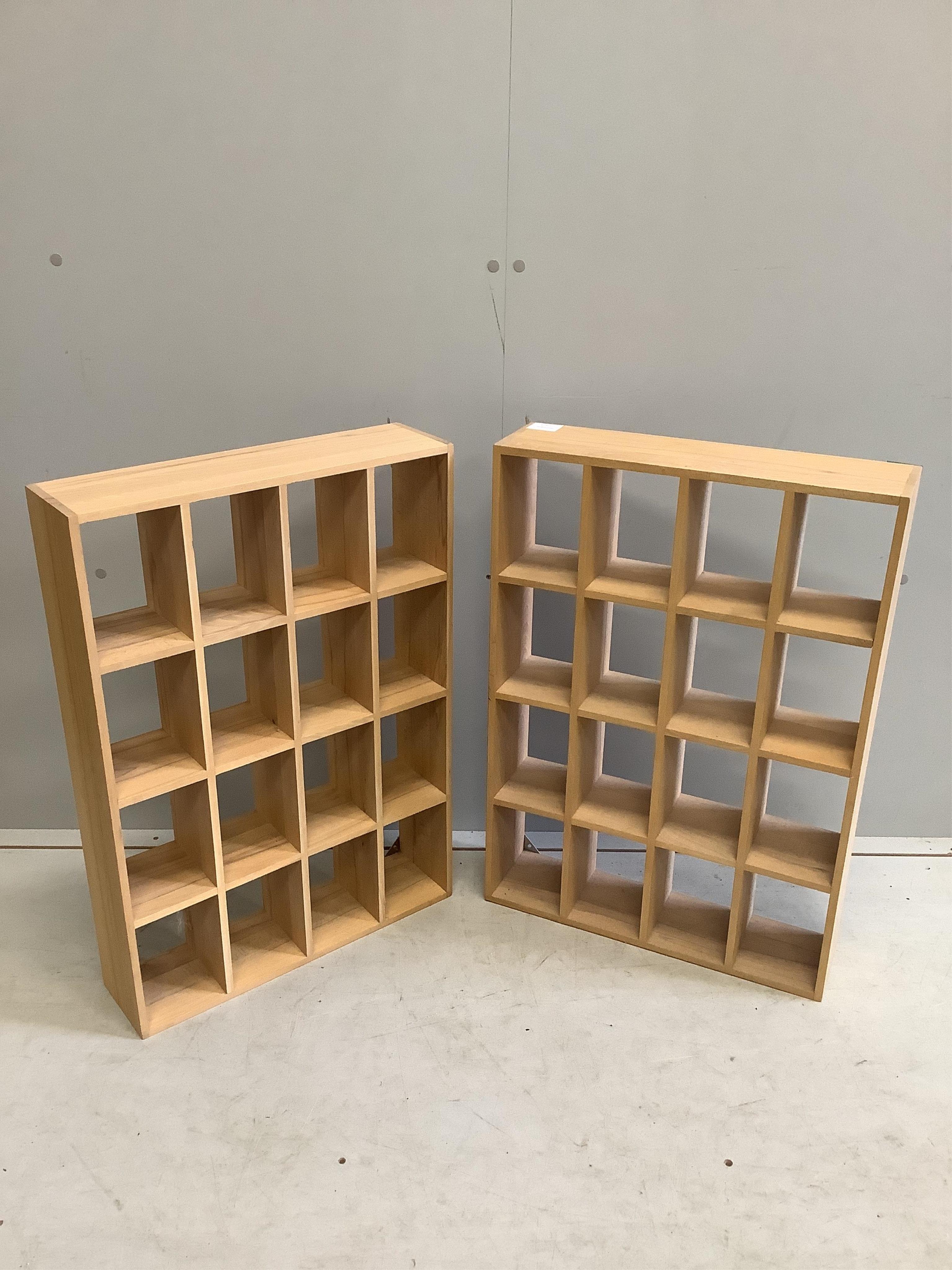 A pair of contemporary wooden pigeon hole wall units, width 49cm, height 70cm. Condition - good